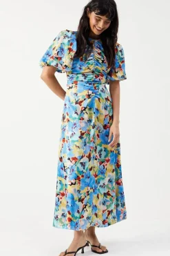 Satin Ruched Front Puff Sleeve Midi Dress