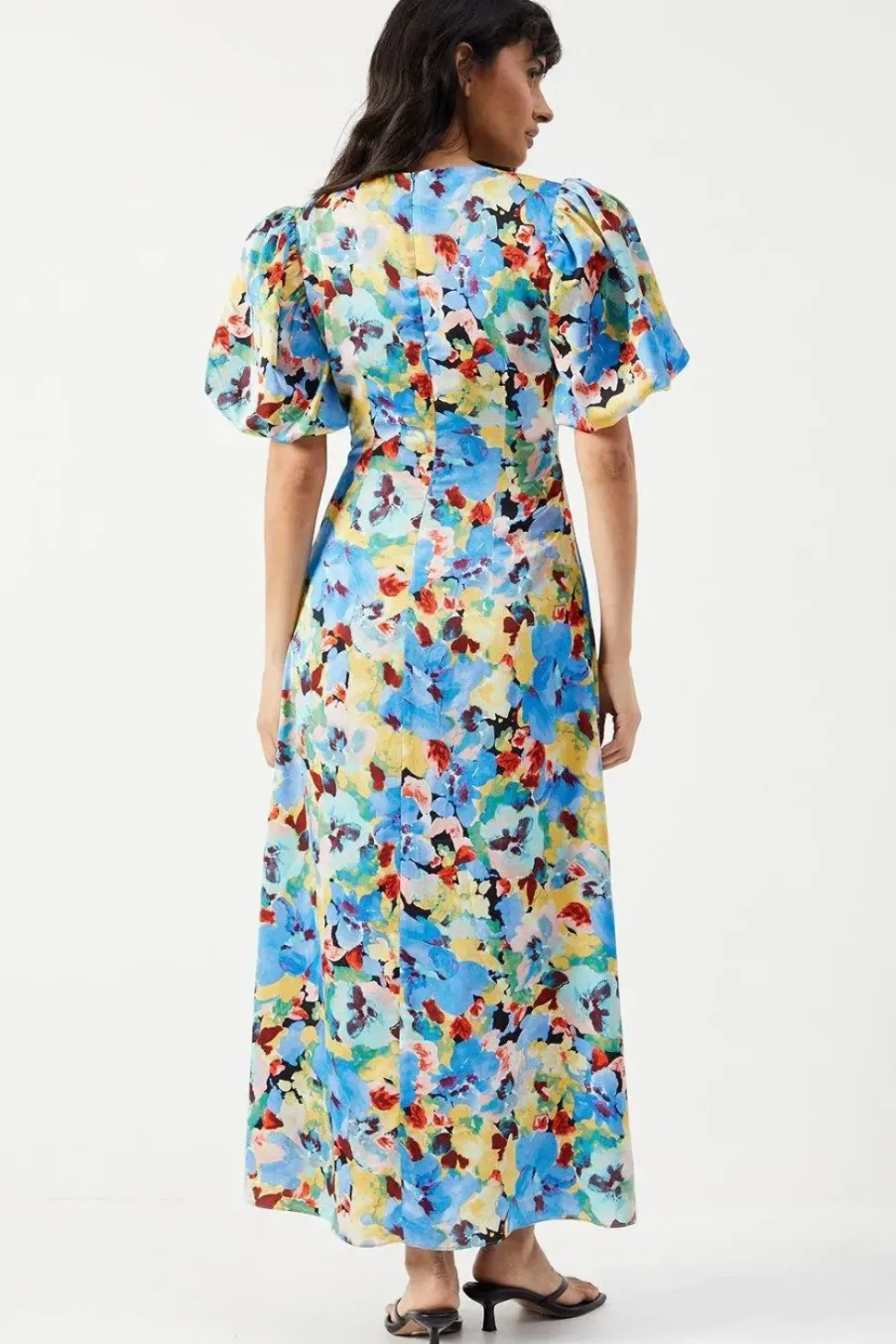 Satin Ruched Front Puff Sleeve Midi Dress