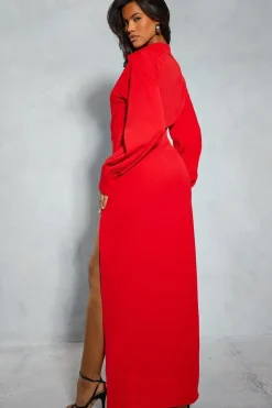 Satin Ruched Shirt Maxi Dress