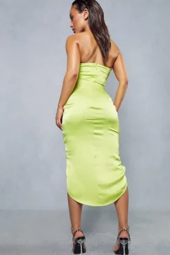Satin Ruched V Bar Detail Cut Out Midi Dress