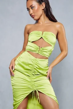 Satin Ruched V Bar Detail Cut Out Midi Dress