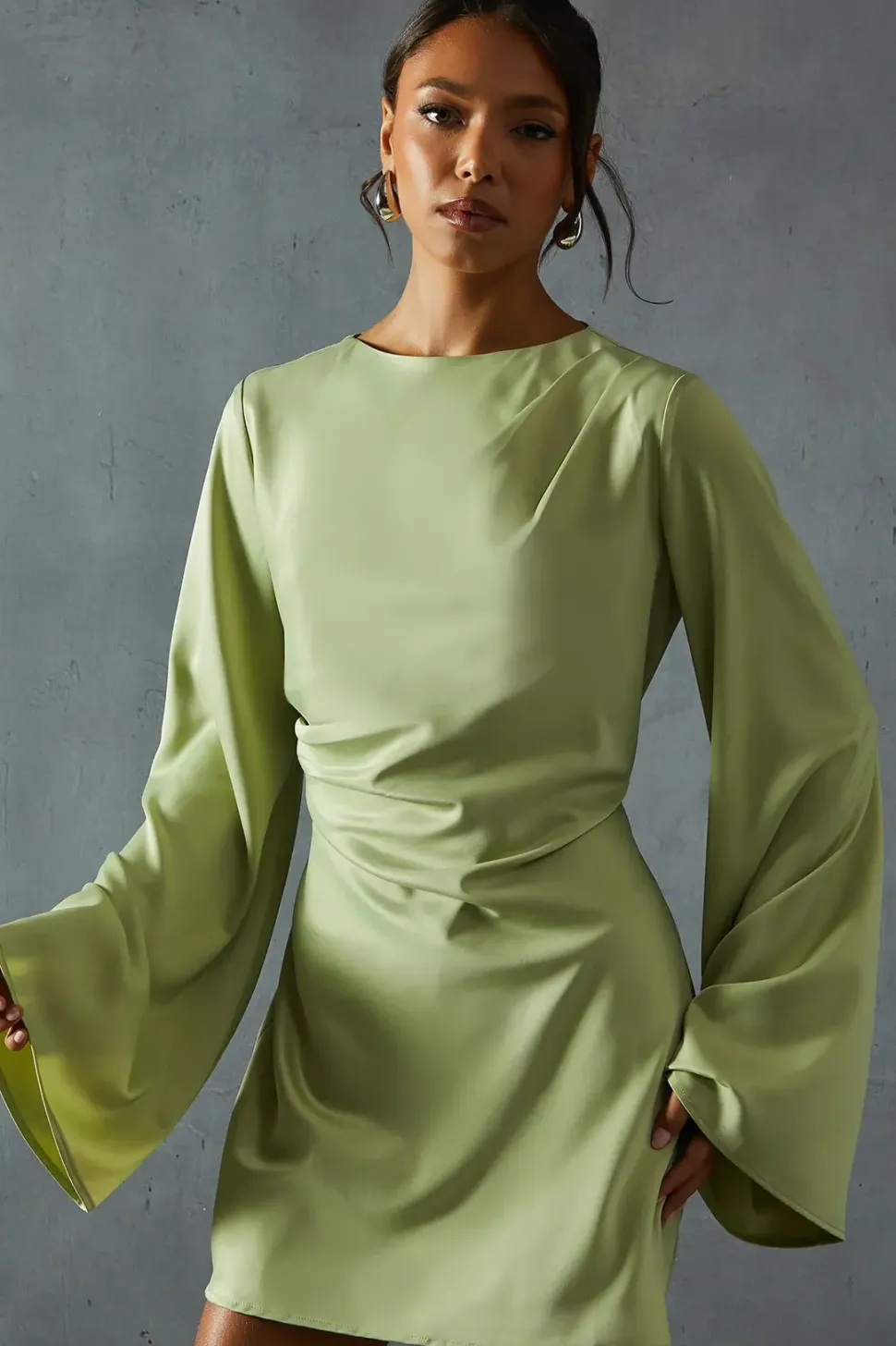 Satin Slash Neck Cinched Waist Flare Sleeve Mini Dress