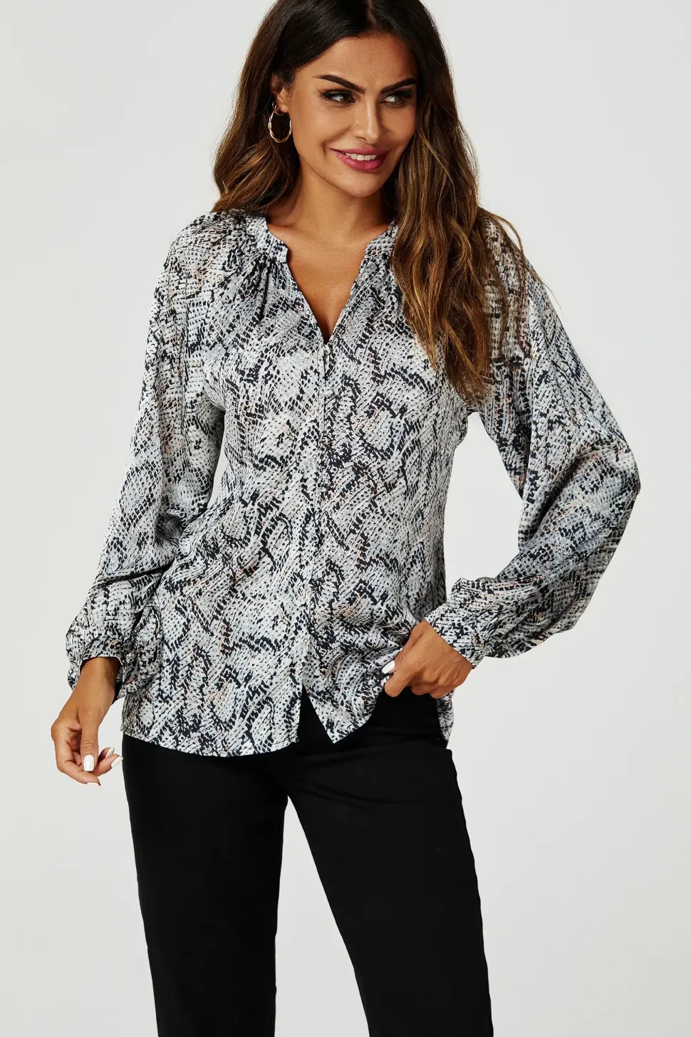 Satin Snake Print Collarless long sleeve Blouse Top In Grey