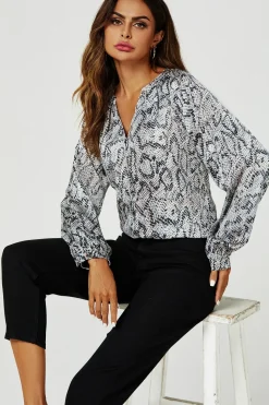Satin Snake Print Collarless long sleeve Blouse Top In Grey