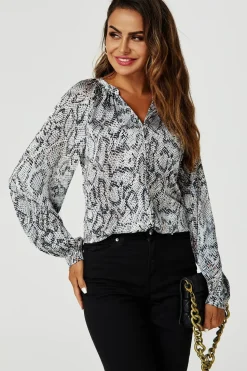 Satin Snake Print Collarless long sleeve Blouse Top In Grey