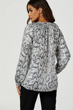 Satin Snake Print Collarless long sleeve Blouse Top In Grey