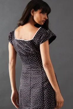 Satin Spot Square Neck Structured Mini Dress