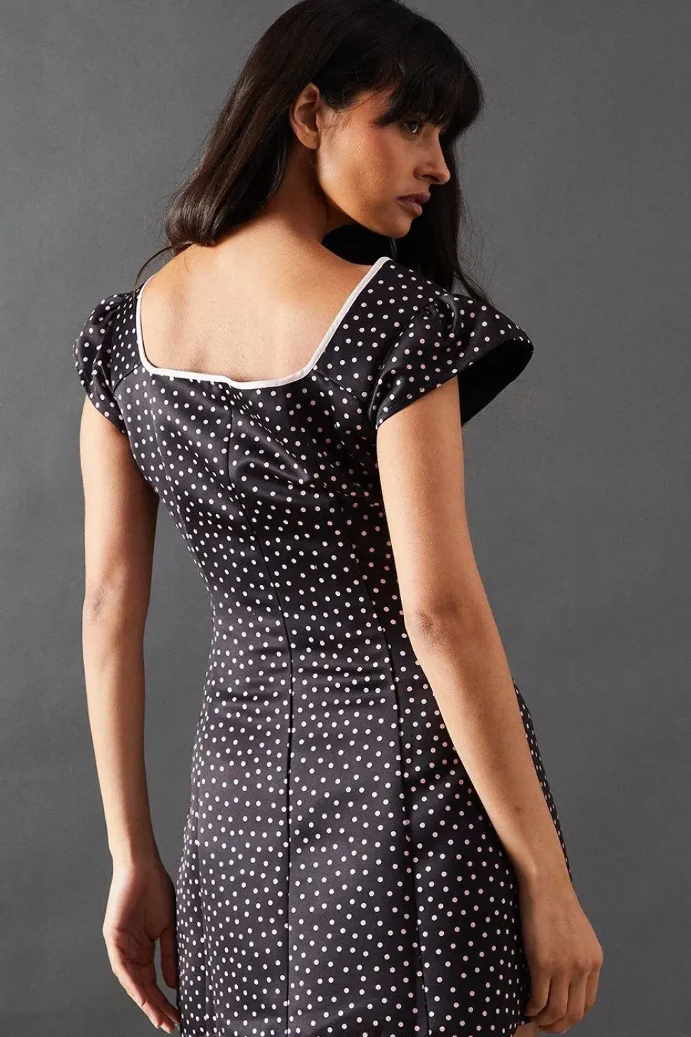 Satin Spot Square Neck Structured Mini Dress