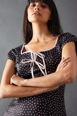 Satin Spot Square Neck Structured Mini Dress