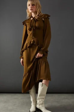 Satin Tie Neck Ruffle Midi Dress