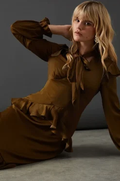 Satin Tie Neck Ruffle Midi Dress
