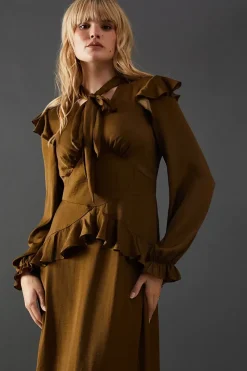 Satin Tie Neck Ruffle Midi Dress