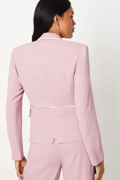 Satin Trim Cropped Double Breasted Blazer