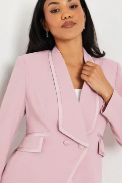 Satin Trim Cropped Double Breasted Blazer