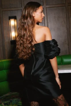 Satin Twill Bardot Puff Sleeve Mini Dress