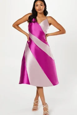 Satin Twill Colour Block Midi Wedding Guest Dress