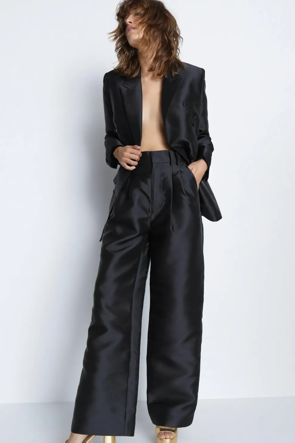 Satin Twill High Waisted Wide Leg Trousers