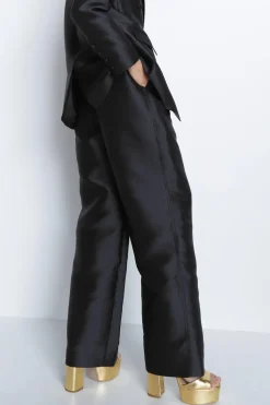 Satin Twill High Waisted Wide Leg Trousers