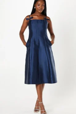 Satin Twill Square Neck Panelled Midi Wedding Guest Dress