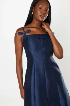 Satin Twill Square Neck Panelled Midi Wedding Guest Dress