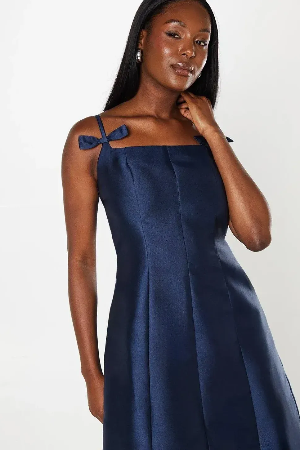 Satin Twill Square Neck Panelled Midi Wedding Guest Dress