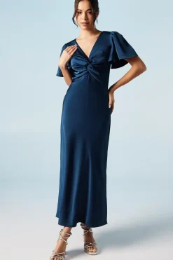 Satin Twist Front Angel Sleeve Midi Bridesmaids Dress