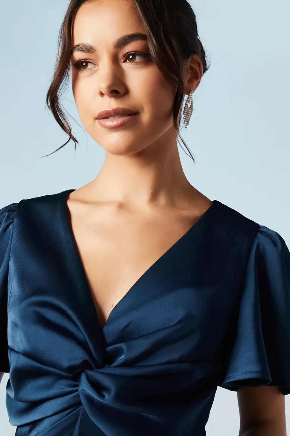 Satin Twist Front Angel Sleeve Midi Bridesmaids Dress