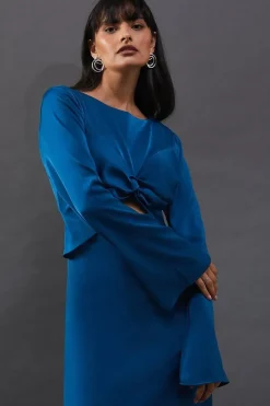Satin Twist Front Bias Midi Dress