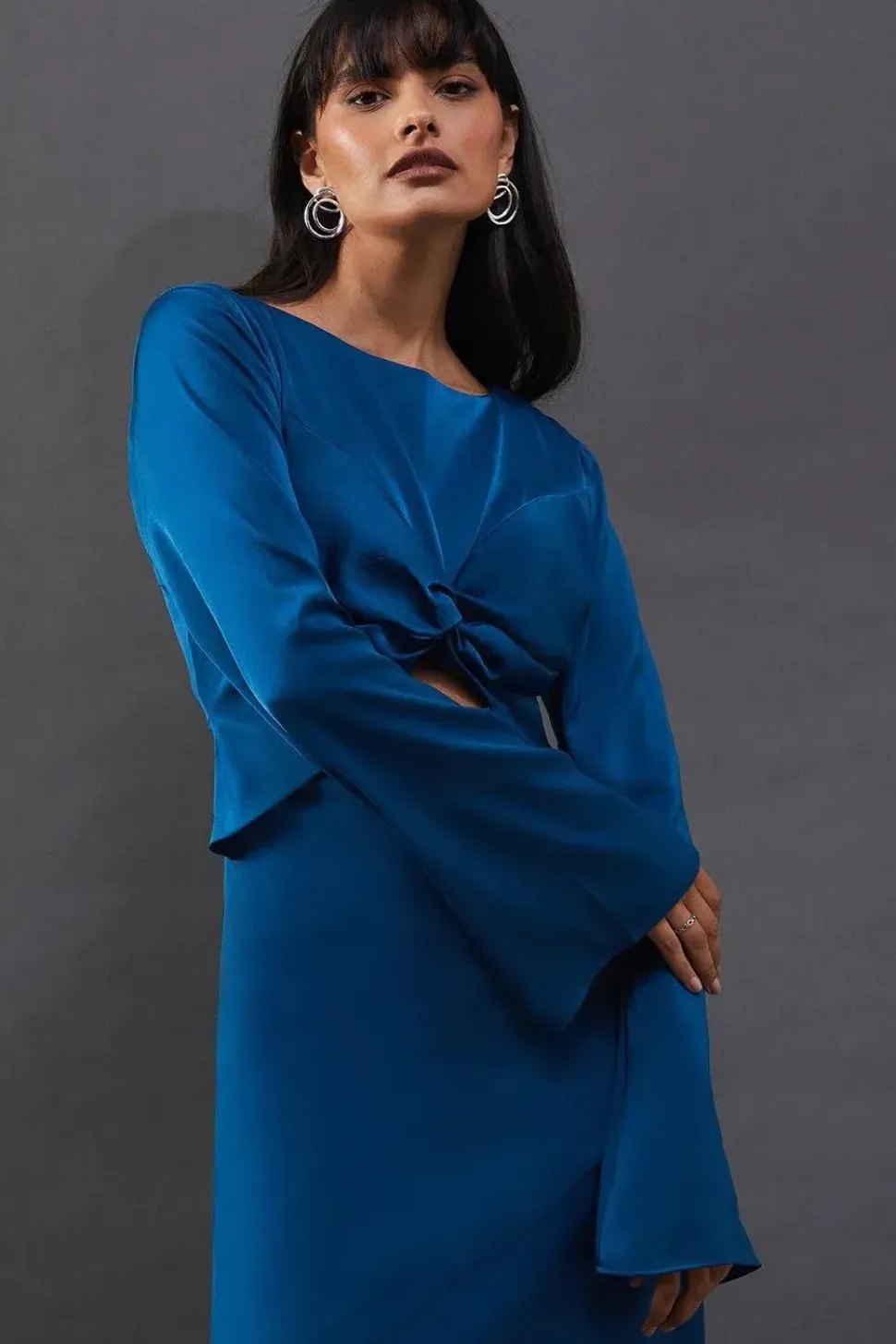 Satin Twist Front Bias Midi Dress