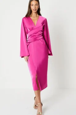Satin Wrap Dress With Flare Sleeve