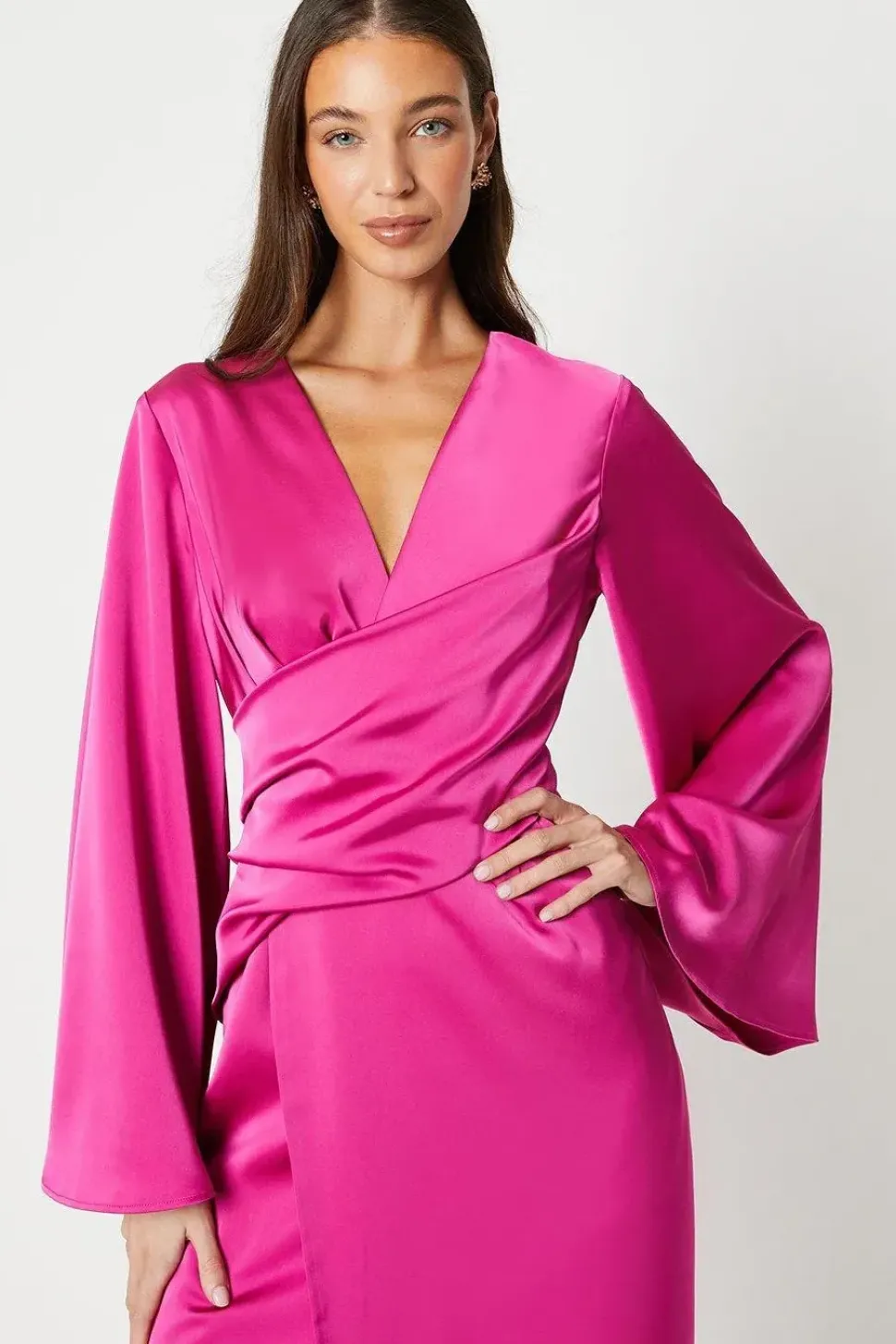 Satin Wrap Dress With Flare Sleeve