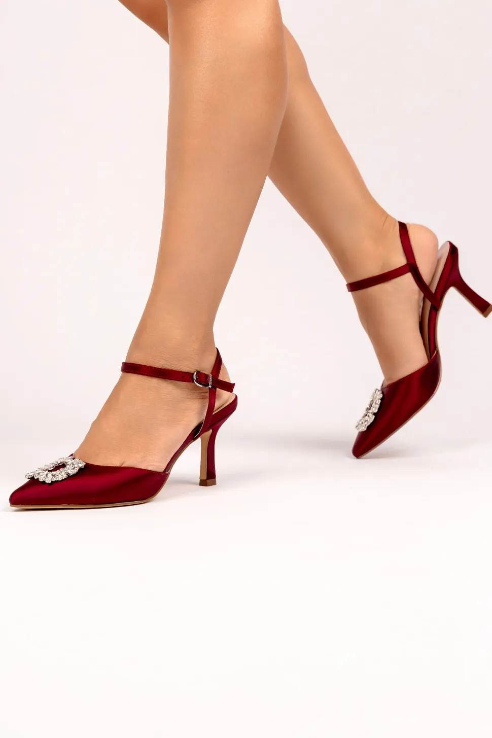 Satin 'Cerys' Mid Heel Ankle Strap Stiletto Shoe