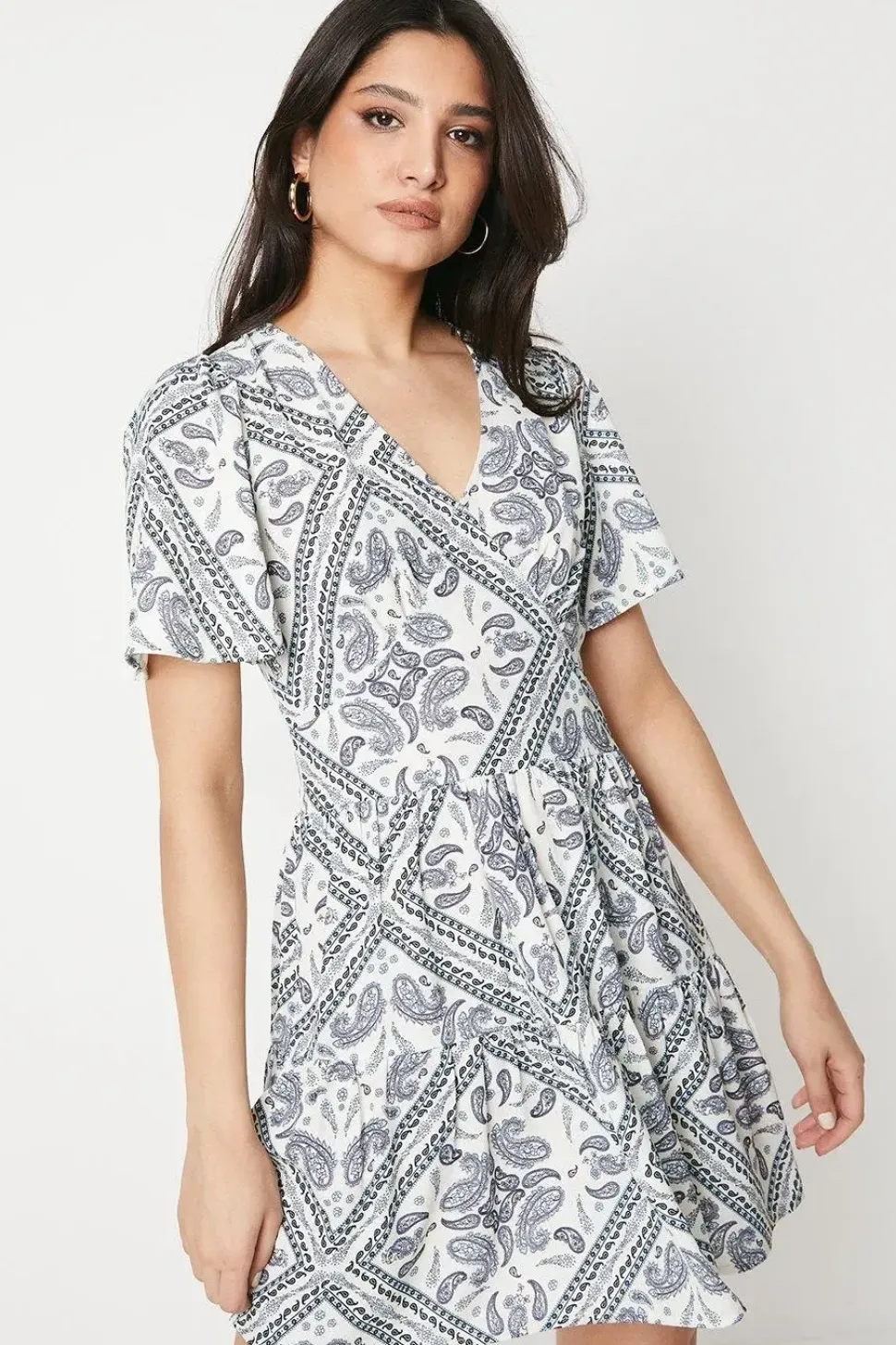 Scarf Print Flutter Sleeve Tiered Mini Dress