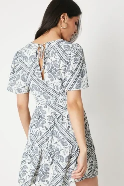 Scarf Print Flutter Sleeve Tiered Mini Dress