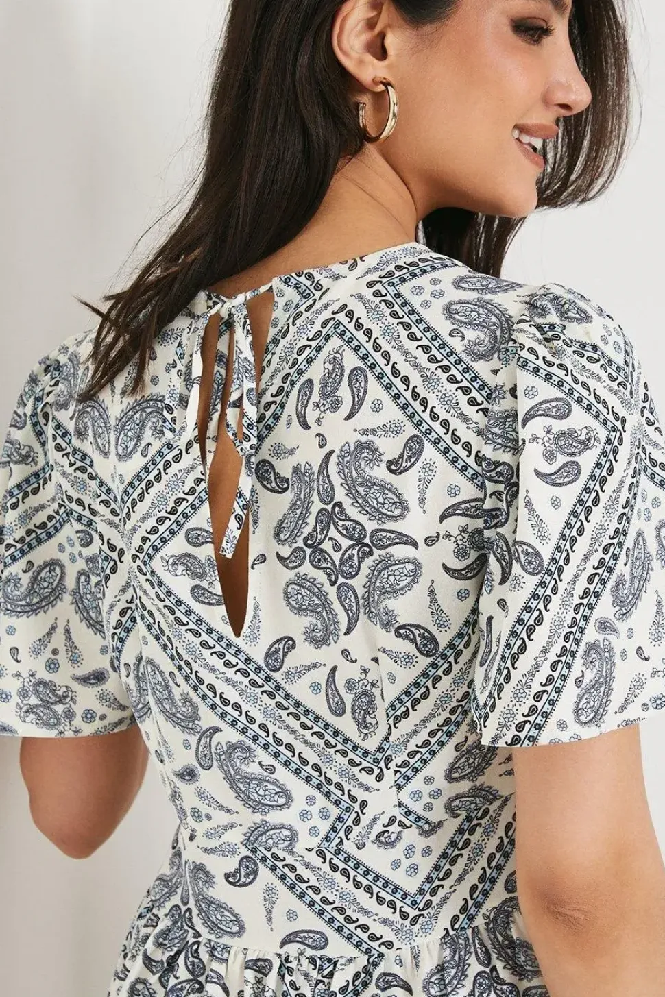 Scarf Print Flutter Sleeve Tiered Mini Dress