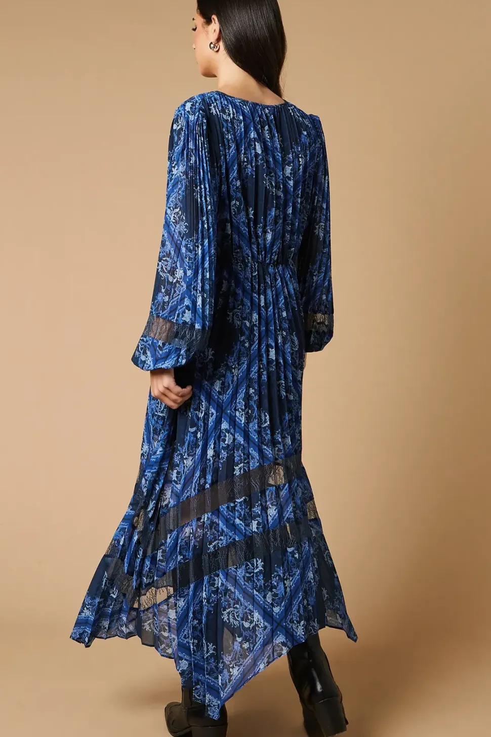 Scarf Print Pleated Lace Trim Insert Wrap Midi Dress