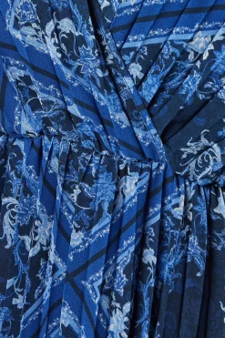 Scarf Print Pleated Lace Trim Insert Wrap Midi Dress