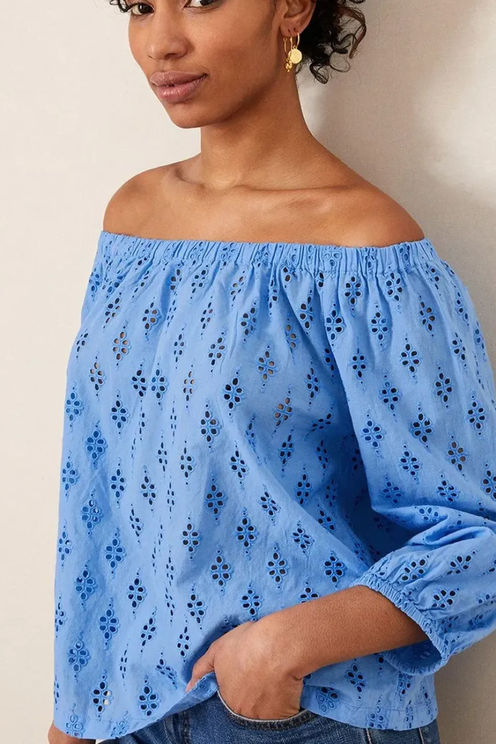 Schiffli Crop Sleeve Bardot Top