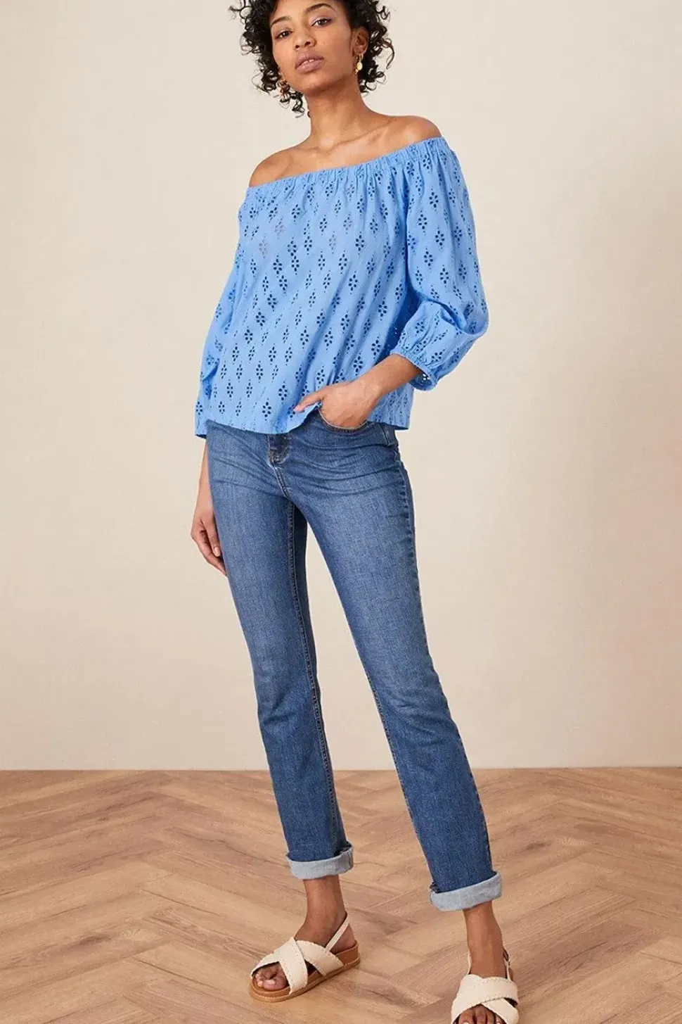 Schiffli Crop Sleeve Bardot Top