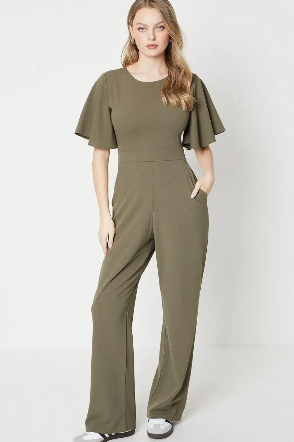 Scuba Crepe Flute Sleeve Wide Leg Jumpsuit