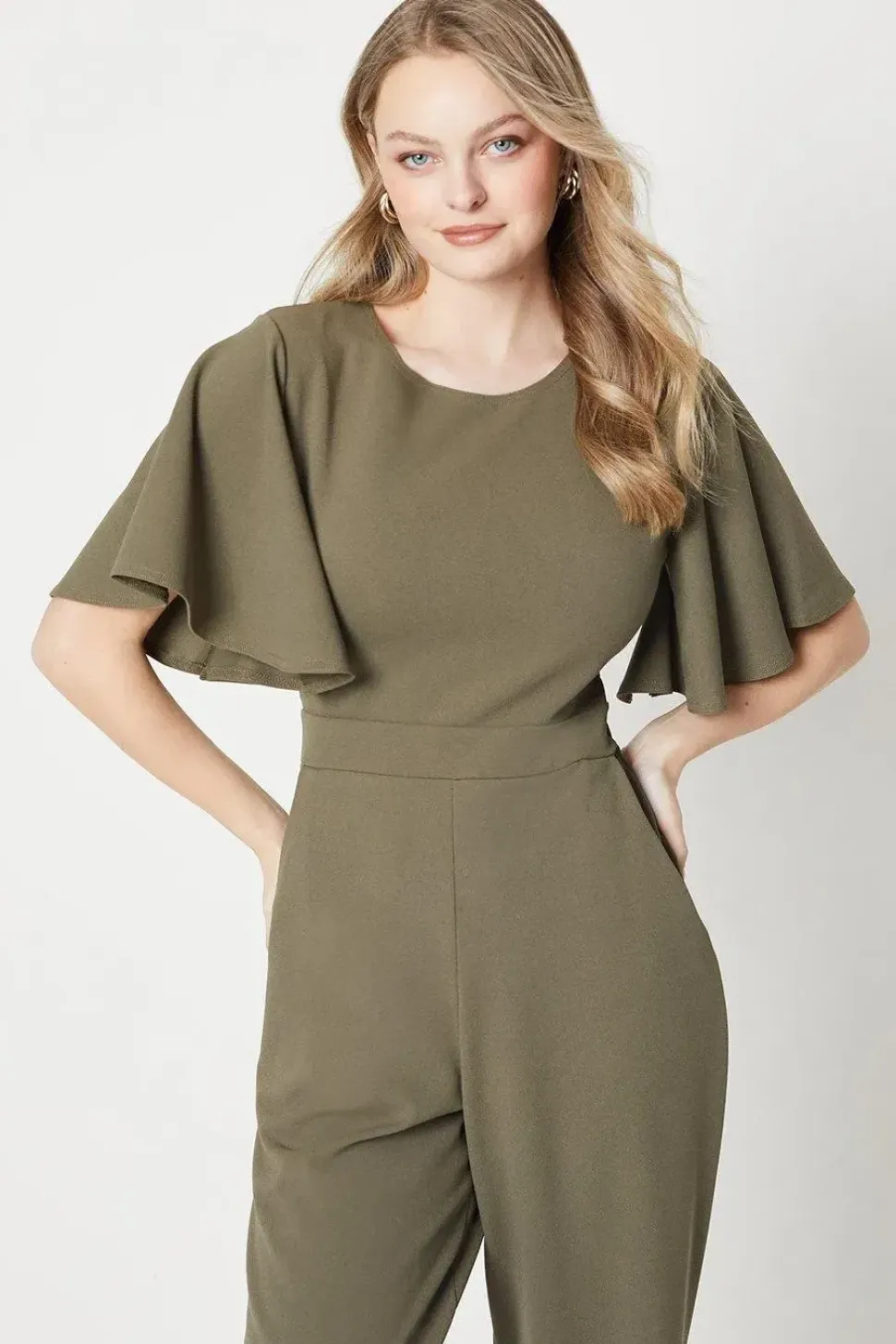 Scuba Crepe Flute Sleeve Wide Leg Jumpsuit
