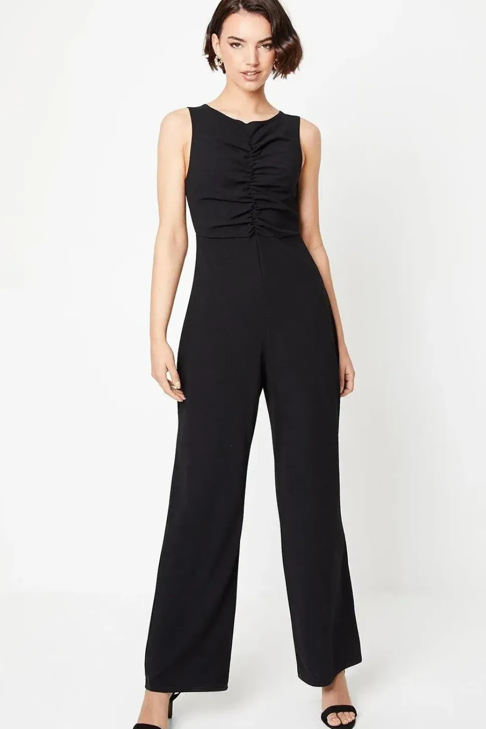 Scuba Crepe Ruched Front Wide Leg Jumpsuit