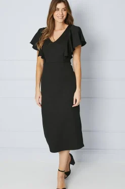 Scuba Crepe Ruffle Sleeve Midi Dress
