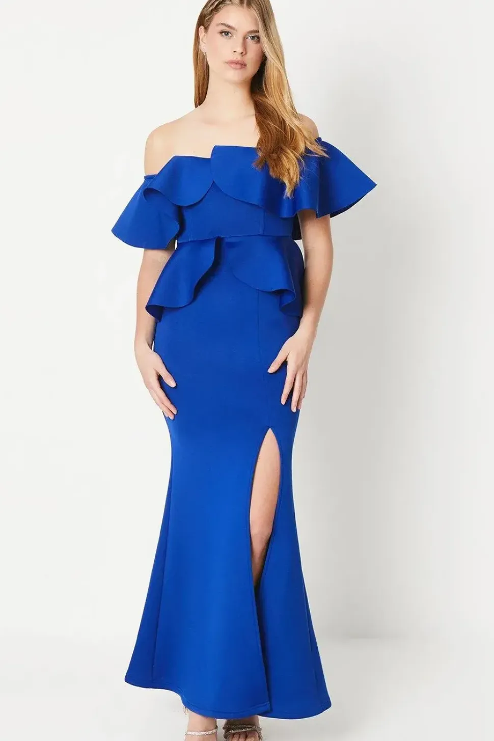 Scuba Ruffle Bardot Maxi Dress