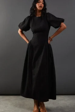 Seersucker Organza Godet Side Puff Sleeve Midi Dress