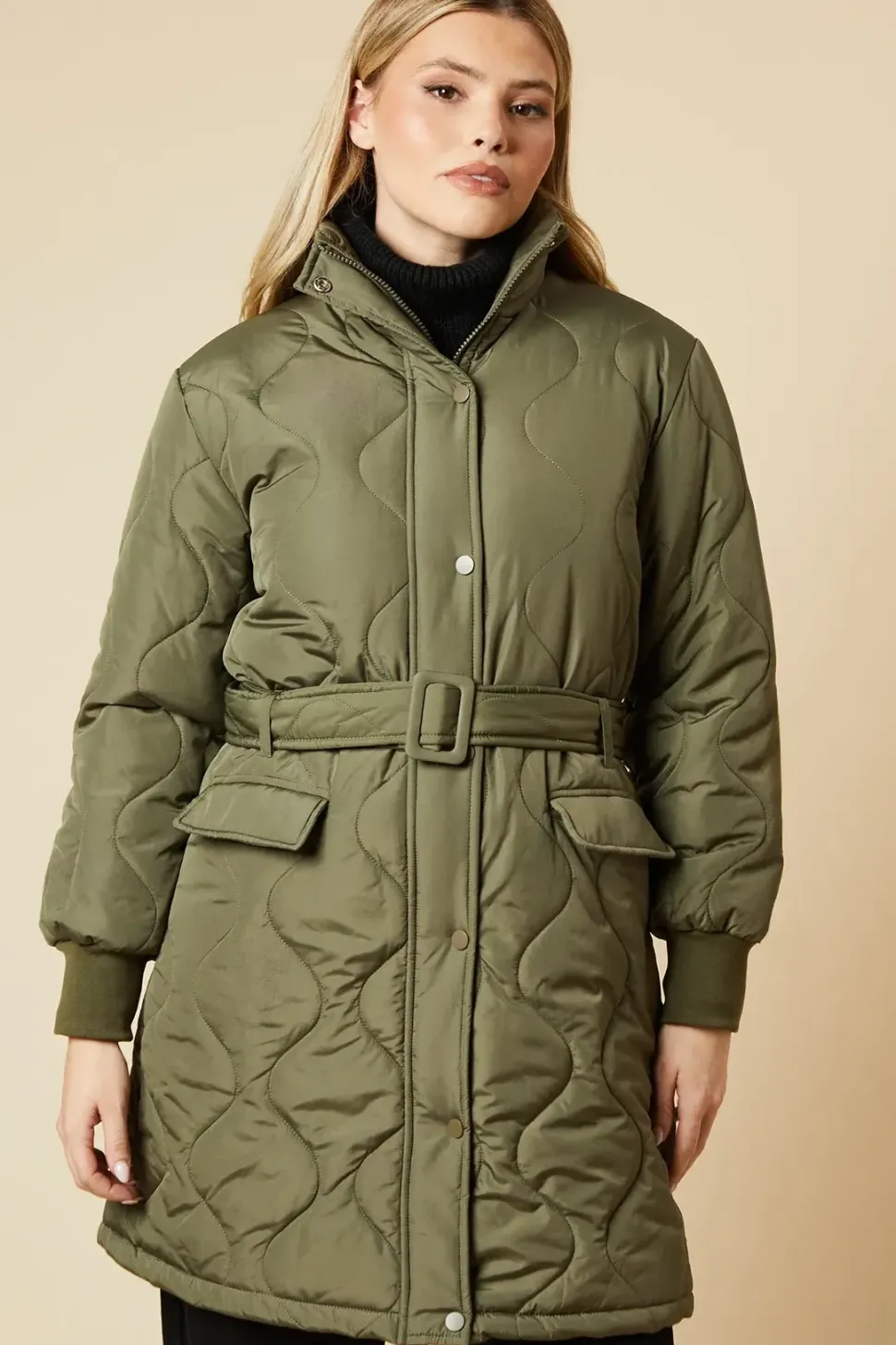 Self Covered Button Quilted Padded Puffer Midi Coat