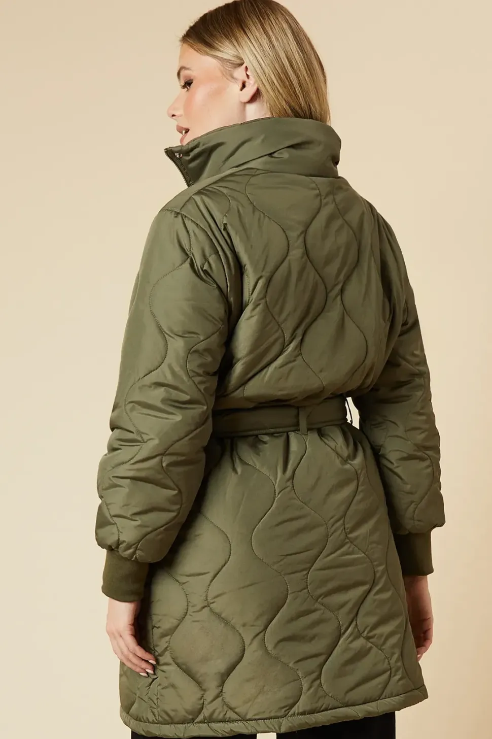 Self Covered Button Quilted Padded Puffer Midi Coat