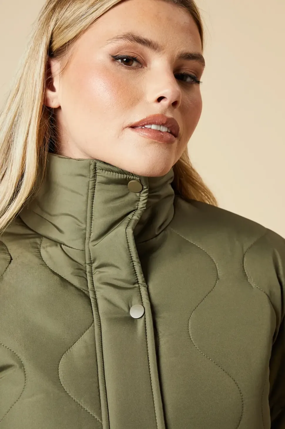 Self Covered Button Quilted Padded Puffer Midi Coat