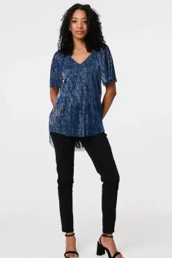 Semi Sheer Glittery Short Sleeve Top