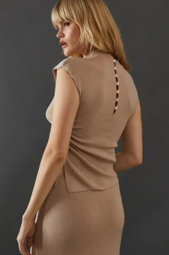 Semi Sheer Ruched Side Button Back Detail Knitted Top